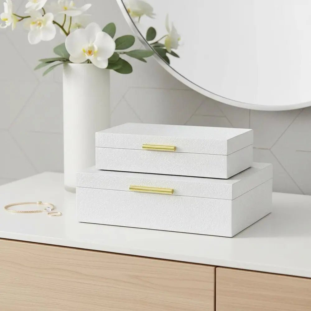 Set of Two White And Gold Faux Shagreen Nesting Storage Boxes With Lids - NOBLE HOME INTERIORS