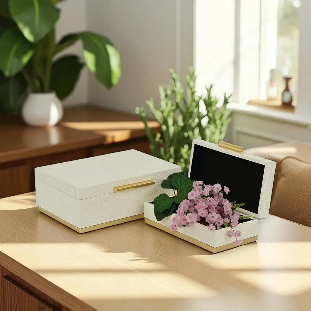 Set of Two White And Gold Nesting Decorative Storage Boxes With Lids - NOBLE HOME INTERIORS