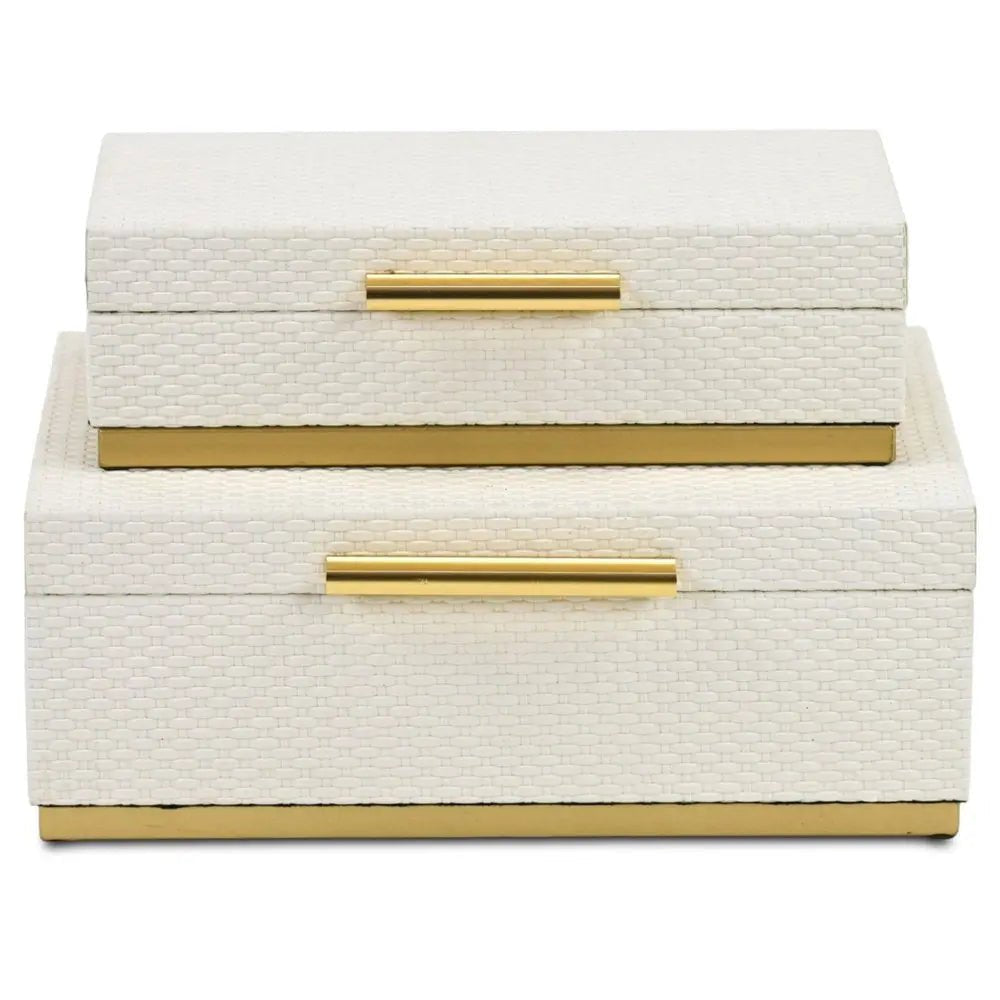 Set of Two White And Gold Nesting Decorative Storage Boxes With Lids - NOBLE HOME INTERIORS