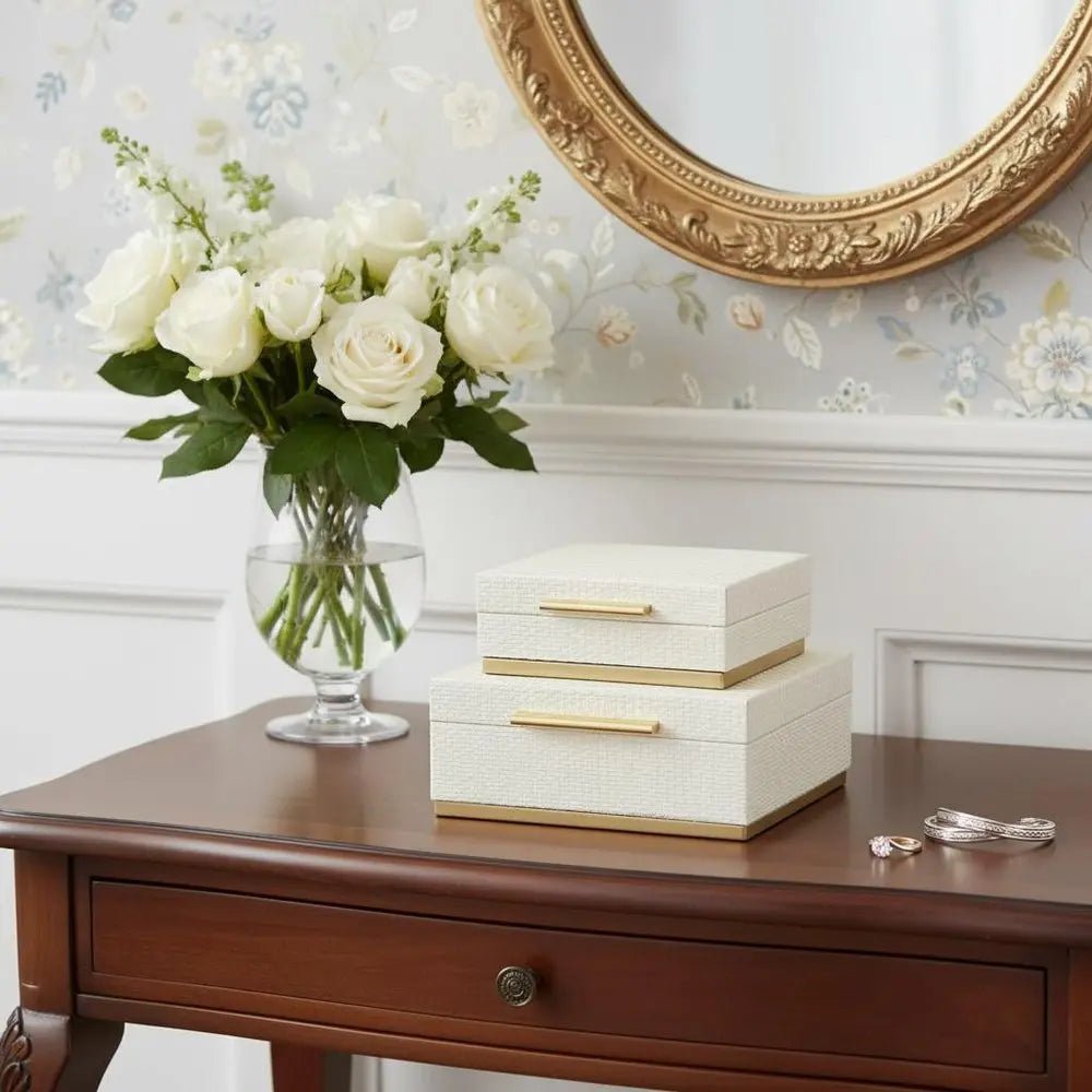 Set of Two White And Gold Square Nesting Decorative Storage Boxes With Lids - NOBLE HOME INTERIORS
