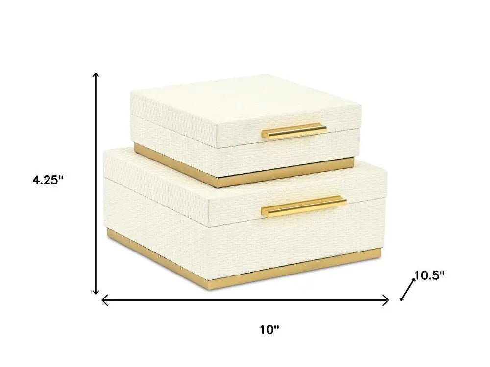 Set of Two White And Gold Square Nesting Decorative Storage Boxes With Lids - NOBLE HOME INTERIORS
