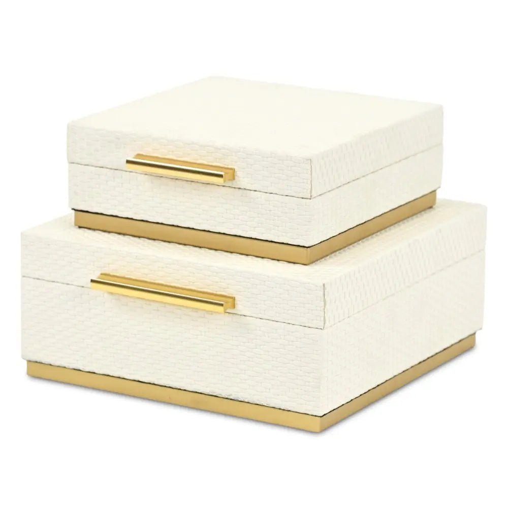 Set of Two White And Gold Square Nesting Decorative Storage Boxes With Lids - NOBLE HOME INTERIORS