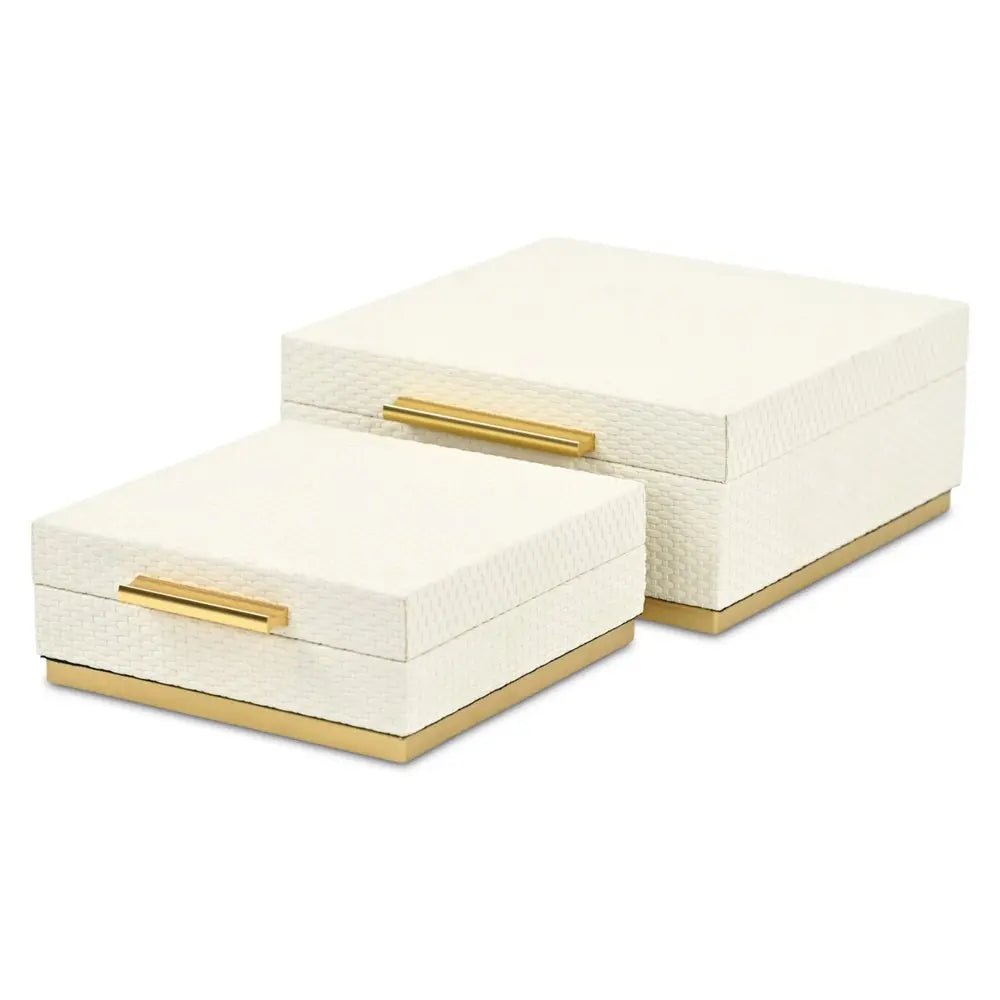 Set of Two White And Gold Square Nesting Decorative Storage Boxes With Lids - NOBLE HOME INTERIORS