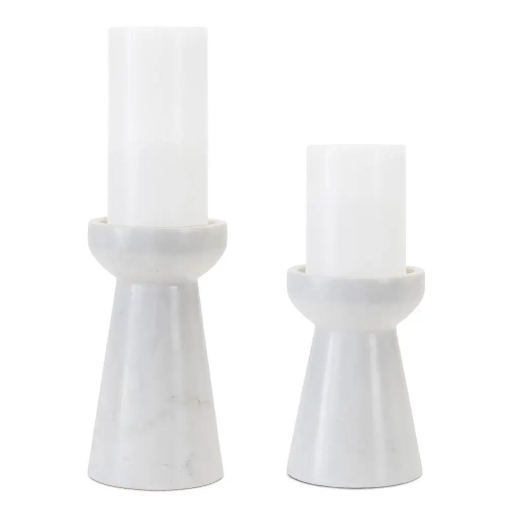 Set of Two White And Gray Marble Tabletop Pillar Candle Holders - NOVA HOME FURNITURE