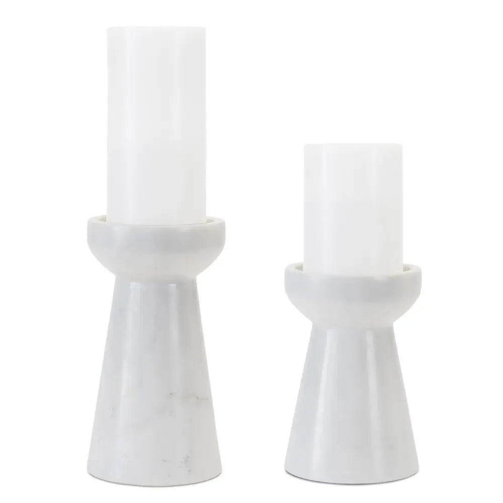 Set of Two White And Gray Marble Tabletop Pillar Candle Holders - NOVA HOME FURNITURE