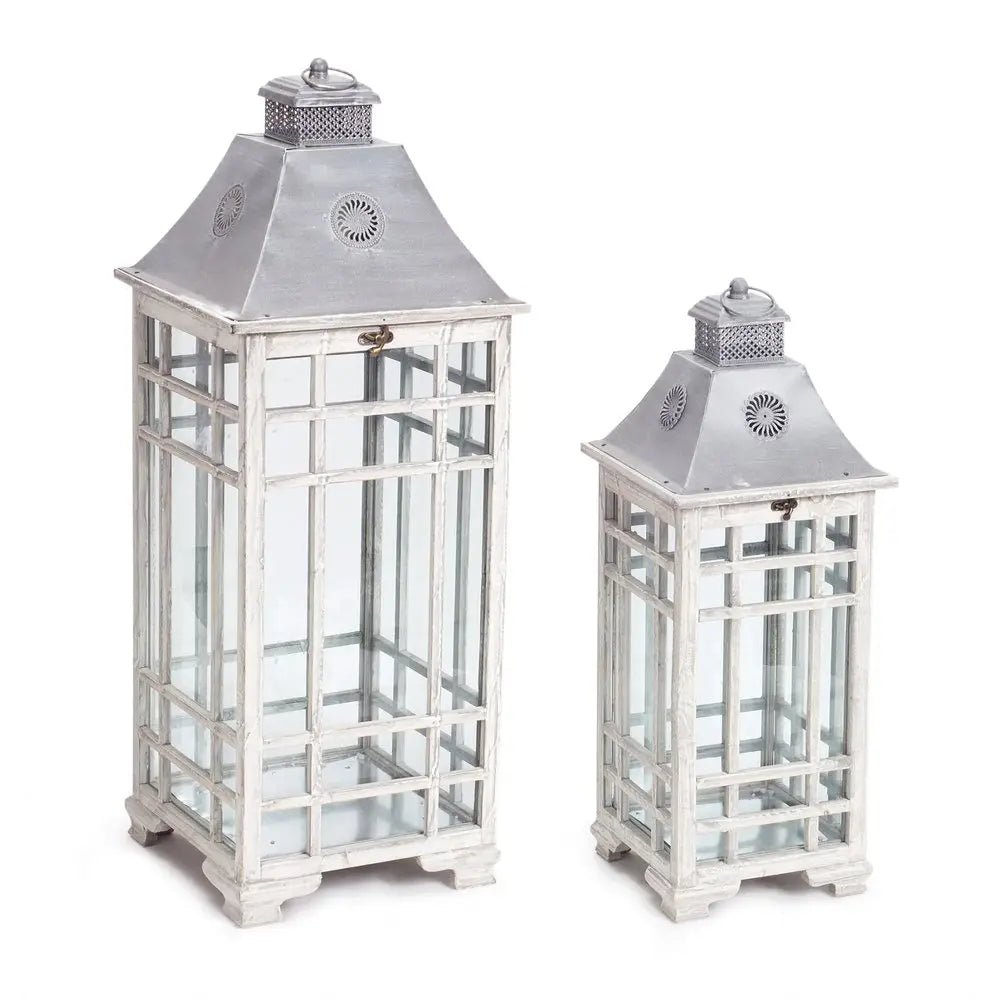 Set of Two White And Silver Distressed Geometric Metal Floor Lantern Candle Holders - NOBLE HOME INTERIORS