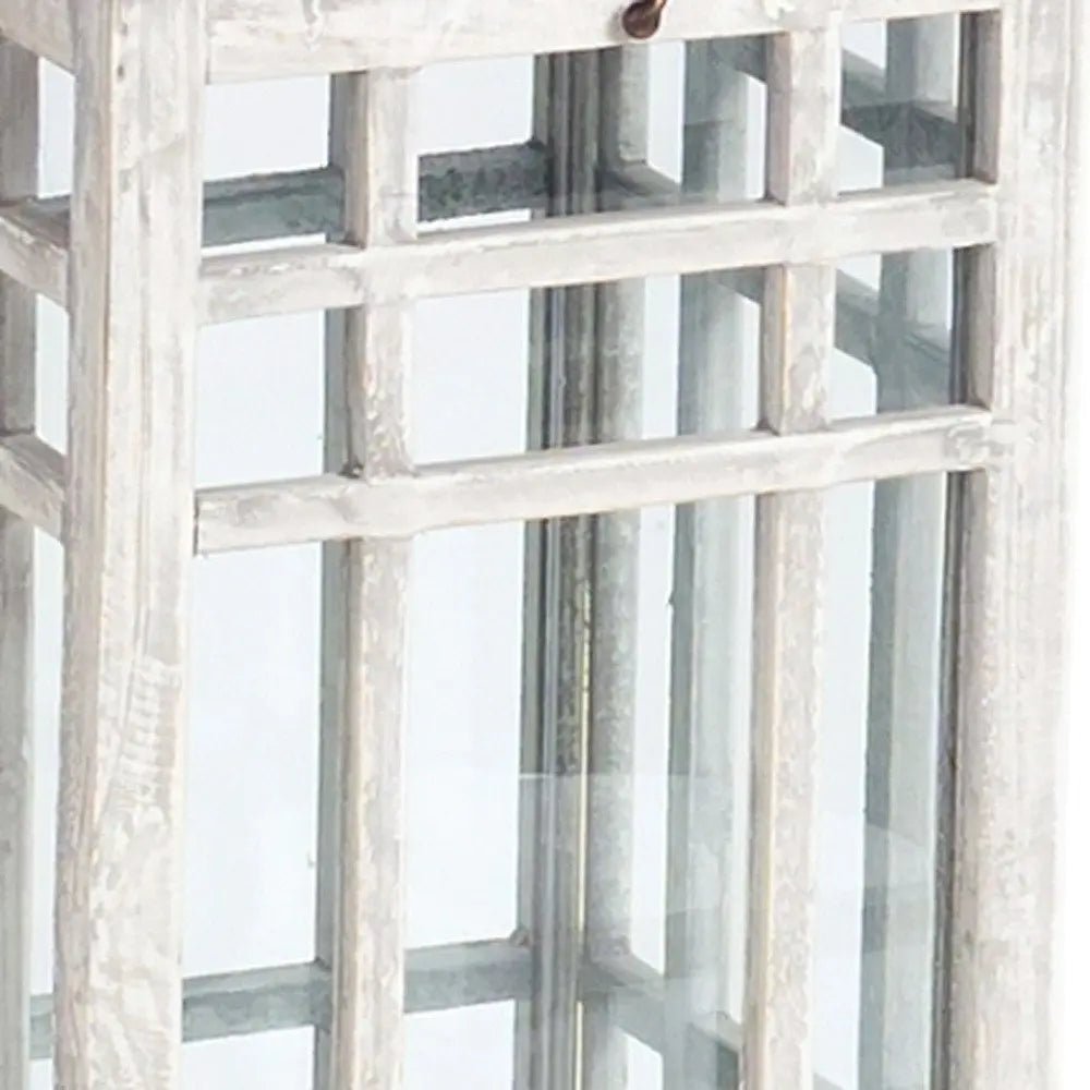 Set of Two White And Silver Distressed Geometric Metal Floor Lantern Candle Holders - NOBLE HOME INTERIORS