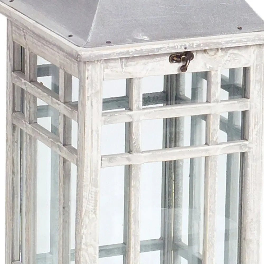 Set of Two White And Silver Distressed Geometric Metal Floor Lantern Candle Holders - NOBLE HOME INTERIORS