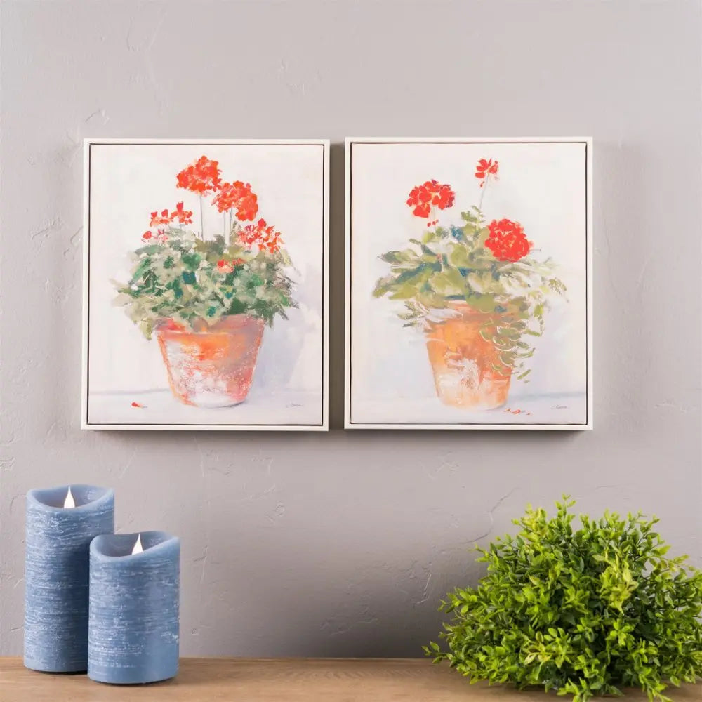 Set of Two White Brown And Red Flower Framed Art - NOBLE HOME INTERIORS