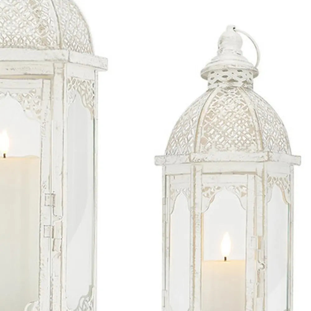 Set of Two White Distressed Ornate Metal Tabletop Lantern Candle Holders - NOVA HOME FURNITURE
