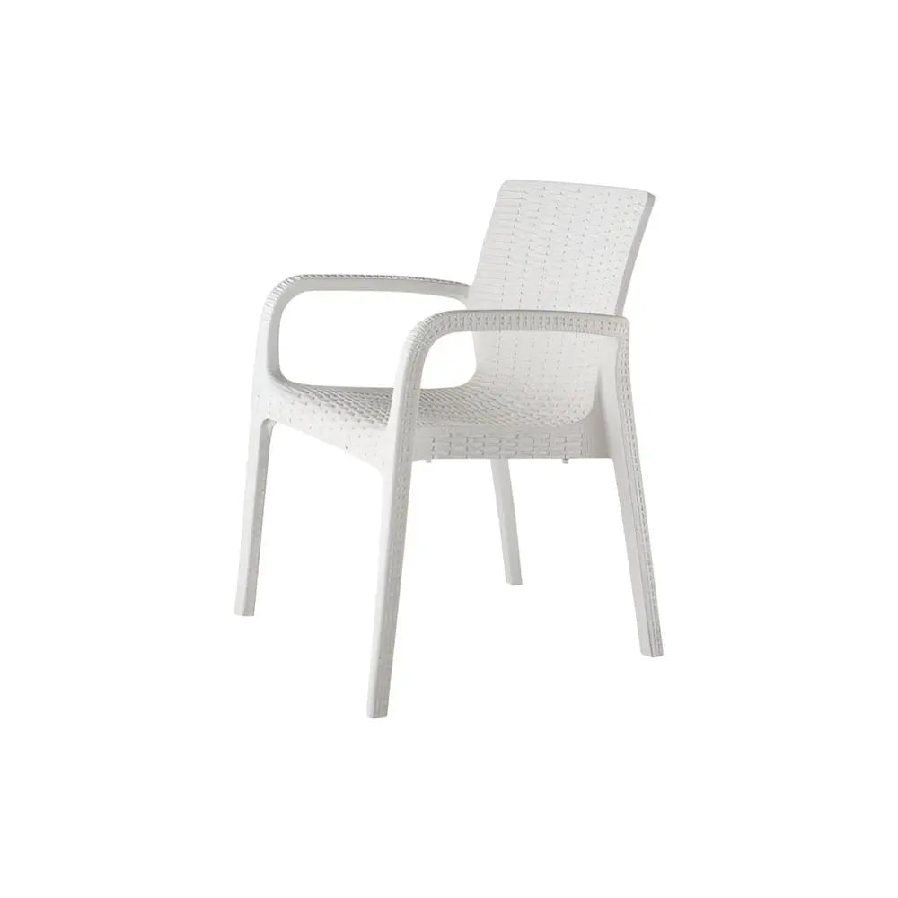 Set of Two White Faux Rattan Heavy Duty Plastic Outdoor Stacking Arm Chairs - NOBLE HOME INTERIORS