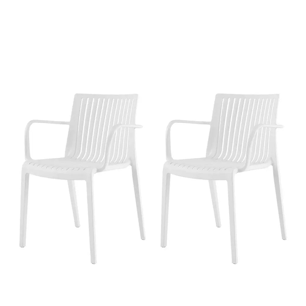 Set of Two White Heavy Duty Plastic Outdoor Stacking Arm Chairs - NOBLE HOME INTERIORS