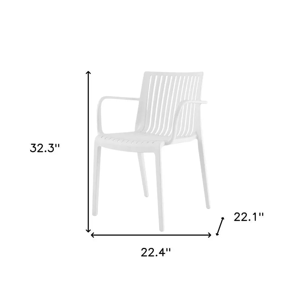 Set of Two White Heavy Duty Plastic Outdoor Stacking Arm Chairs - NOBLE HOME INTERIORS