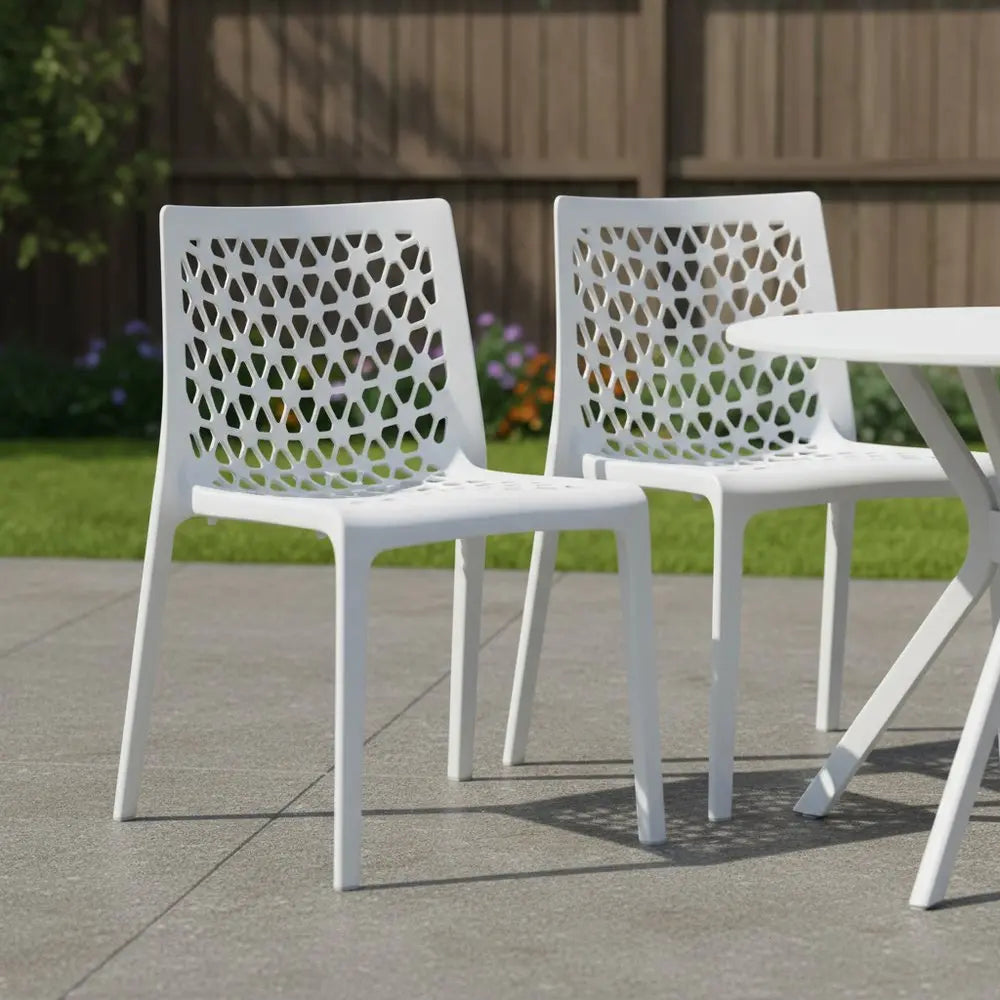 Set of Two White Heavy Duty Plastic Outdoor Stacking Dining Chairs - NOBLE HOME INTERIORS