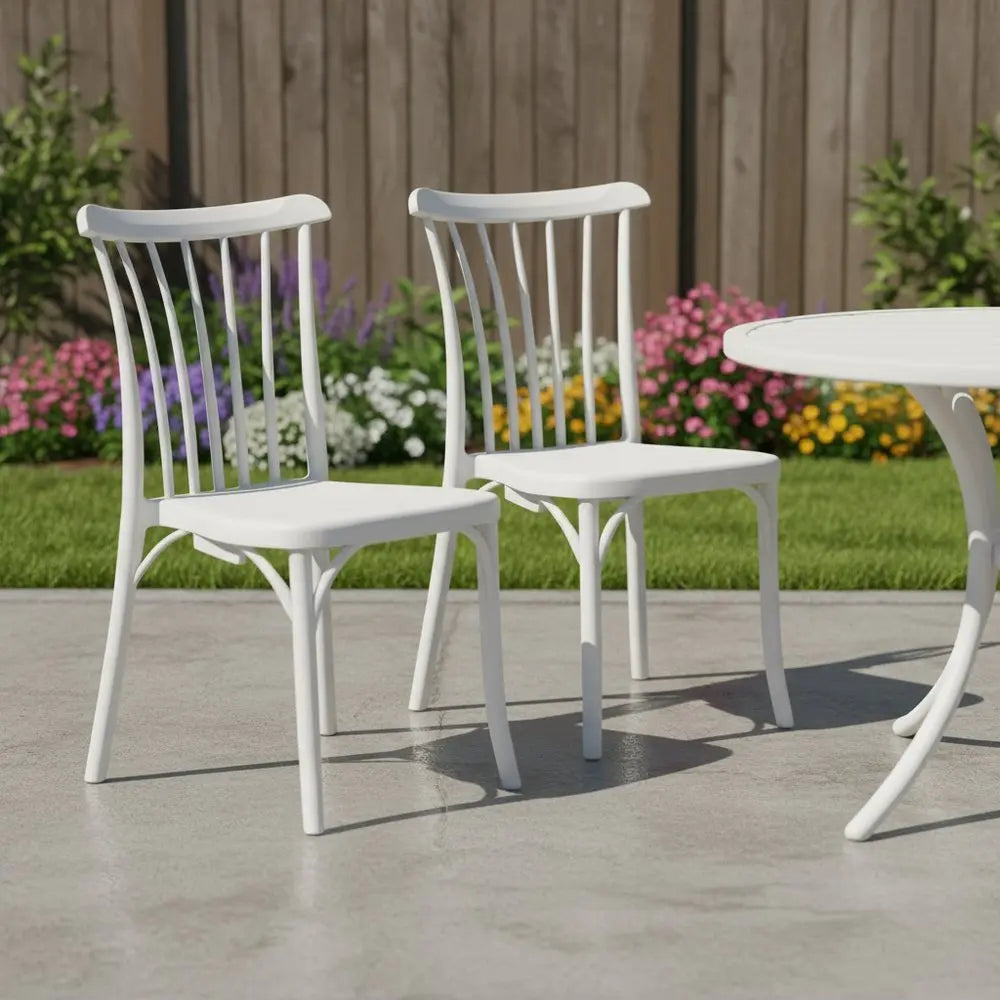 Set of Two White Heavy Duty Plastic Outdoor Stacking Dining Chairs - NOBLE HOME INTERIORS