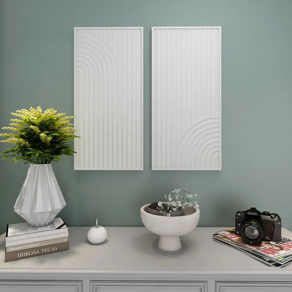 Set of Two White Metal Abstract Hanging Dimensional Sculptures - NOBLE HOME INTERIORS