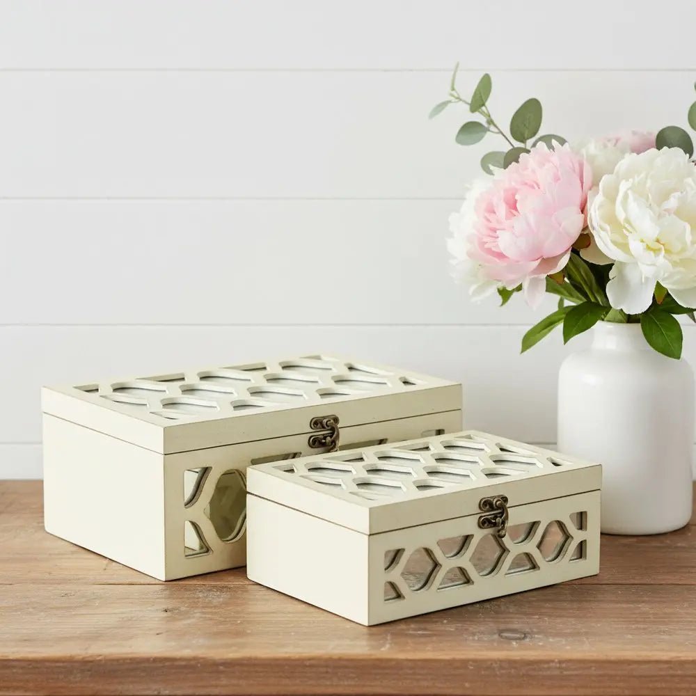 Set of Two White Mirrored Glass And Solid Wood Box With Lid - NOBLE HOME INTERIORS