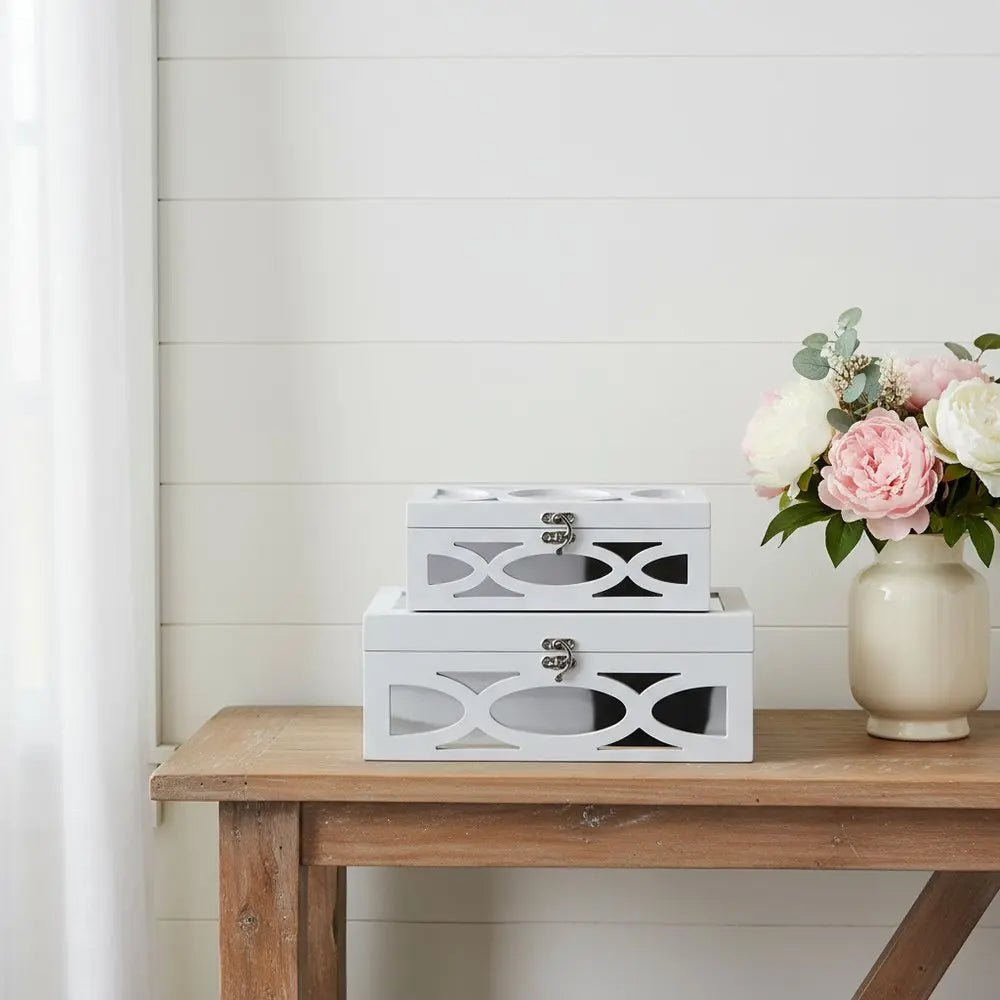 Set of Two White Mirrored Glass And Wood Box With Lid - NOBLE HOME INTERIORS