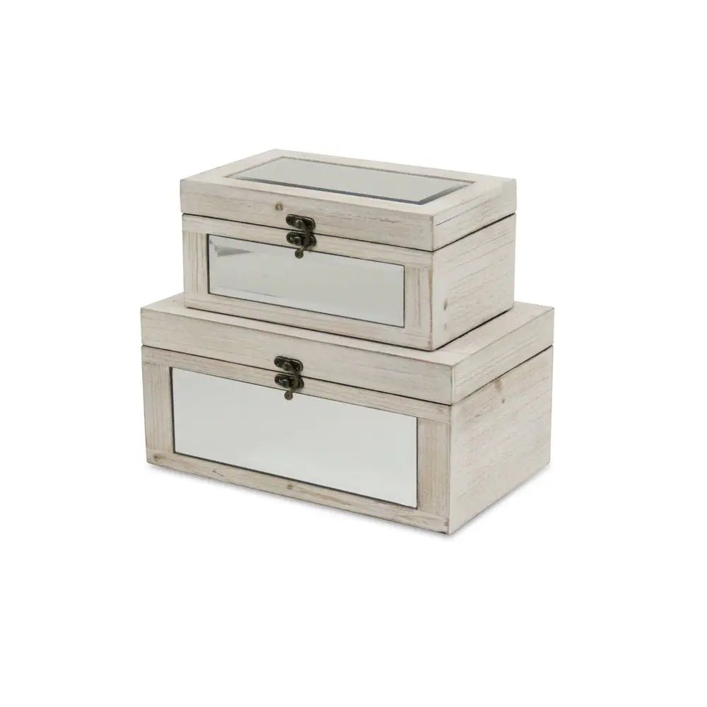 Set of Two White Wood And Mirrored Glass Box With Lid - NOBLE HOME INTERIORS