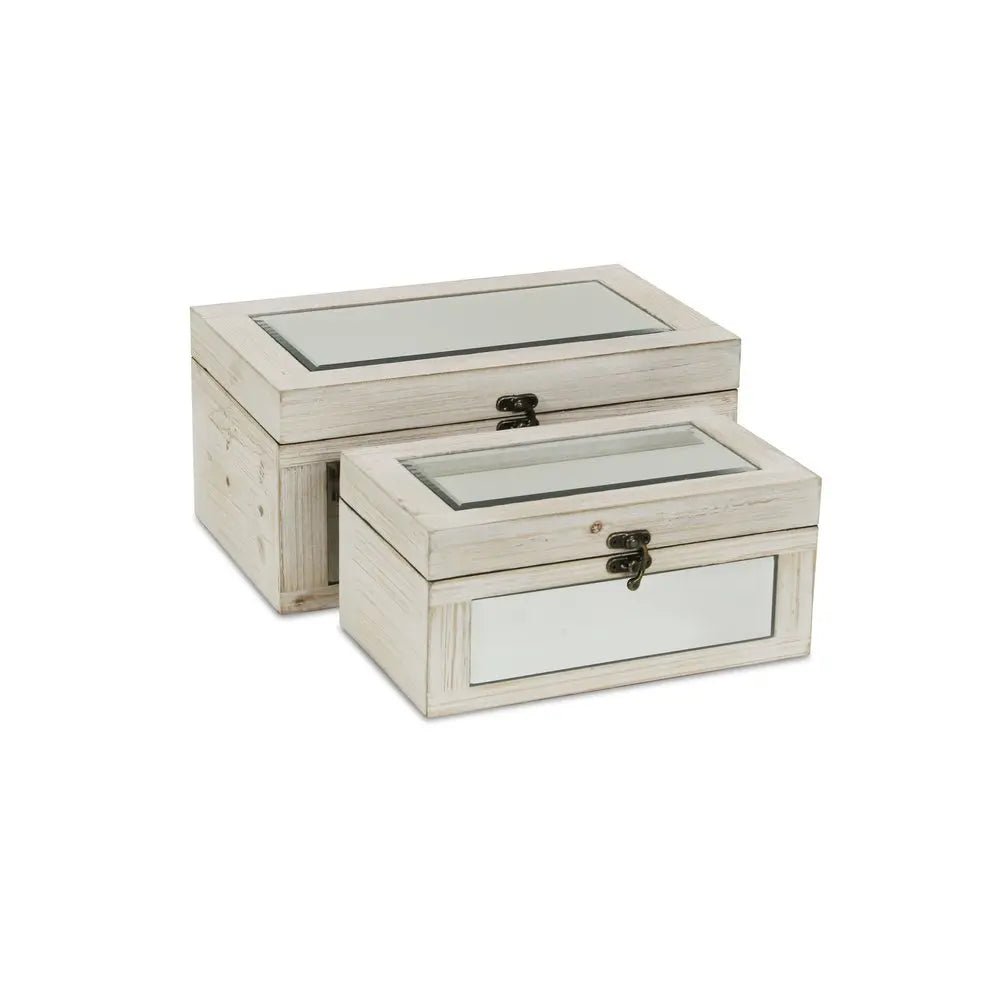 Set of Two White Wood And Mirrored Glass Box With Lid - NOBLE HOME INTERIORS