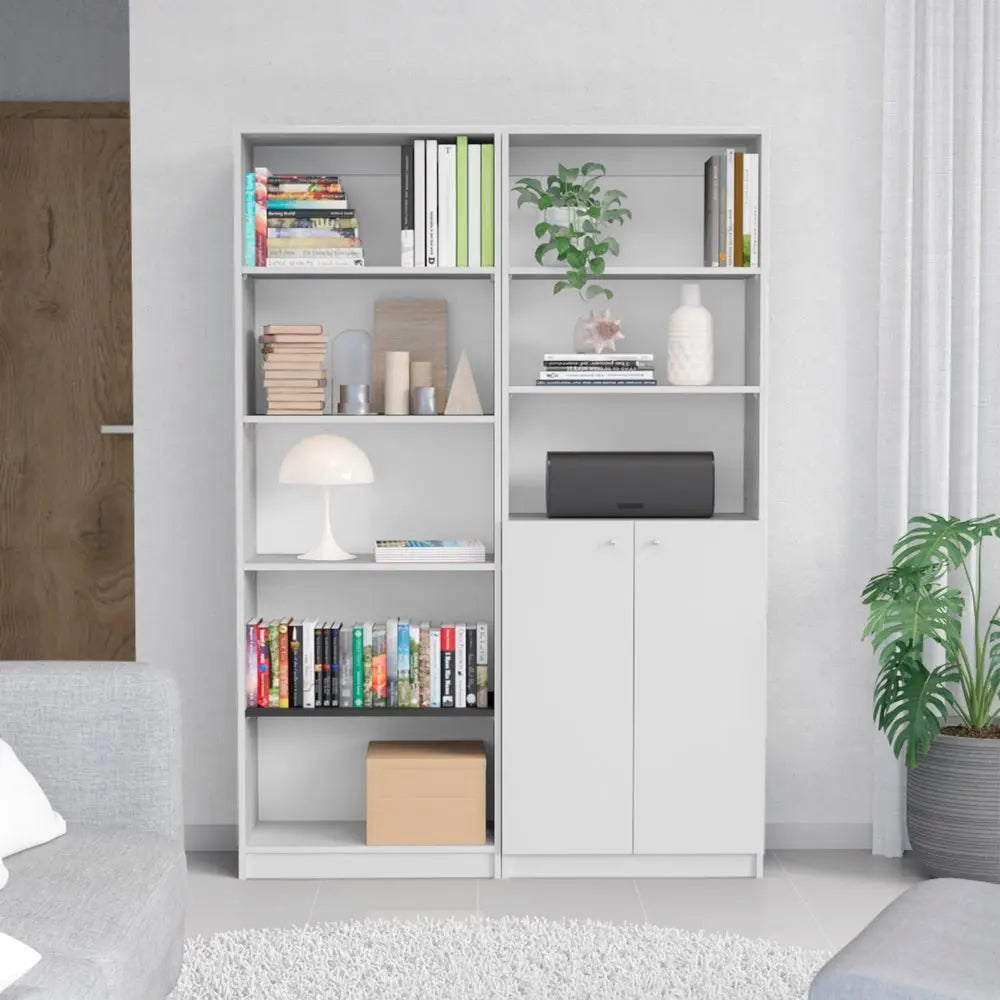 Set of Two White Wood Five Tier Modular Bookcase with Two Doors - NOBLE HOME INTERIORS