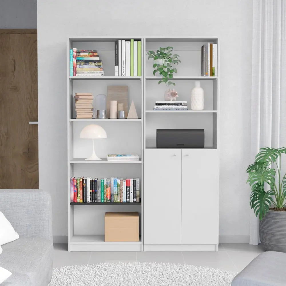 Set of Two White Wood Five Tier Modular Bookcase with Two Doors - NOBLE HOME INTERIORS