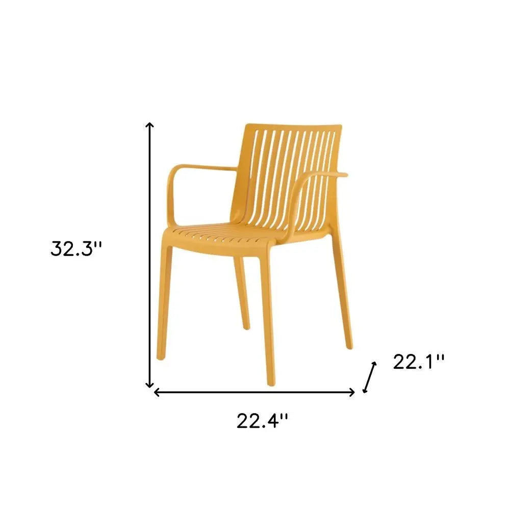 Set of Two Yellow Heavy Duty Plastic Outdoor Stacking Arm Chairs - NOBLE HOME INTERIORS