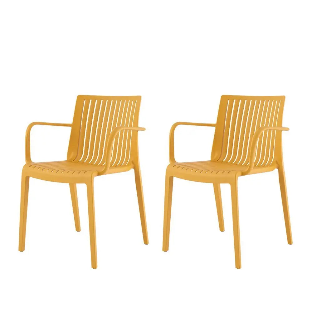Set of Two Yellow Heavy Duty Plastic Outdoor Stacking Arm Chairs - NOBLE HOME INTERIORS