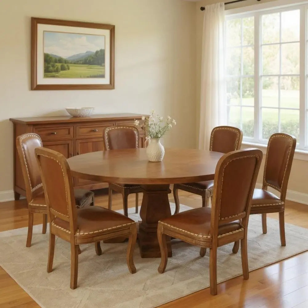 Seven Piece Brown Round Solid Wood Dining Set with Six Chairs - NOVA HOME FURNITURE