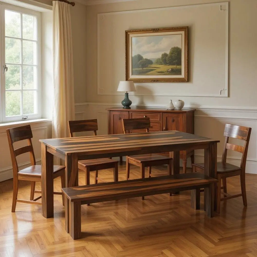 Seven Piece Brown Solid Wood Dining Set with Six Chairs and One Bench - NOVA HOME FURNITURE