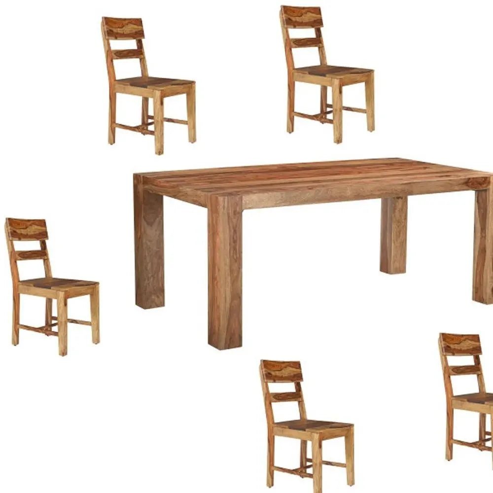 Seven Piece Brown Solid Wood Dining Set with Six Chairs and One Bench - NOBLE HOME INTERIORS