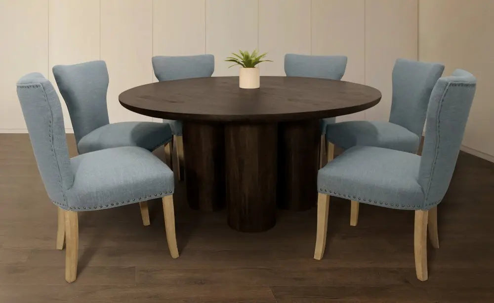 Seven Piece Dark Brown Round Solid Wood Dining Set with Six Chairs - NOVA HOME FURNITURE