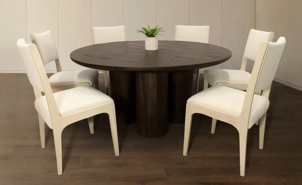 Seven Piece Dark Brown Round Solid Wood Dining Set with Six Chairs - NOVA HOME FURNITURE