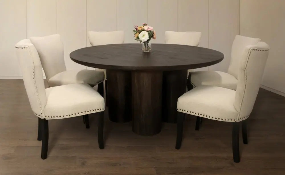 Seven Piece Dark Brown Round Solid Wood Dining Set with Six Chairs - NOVA HOME FURNITURE