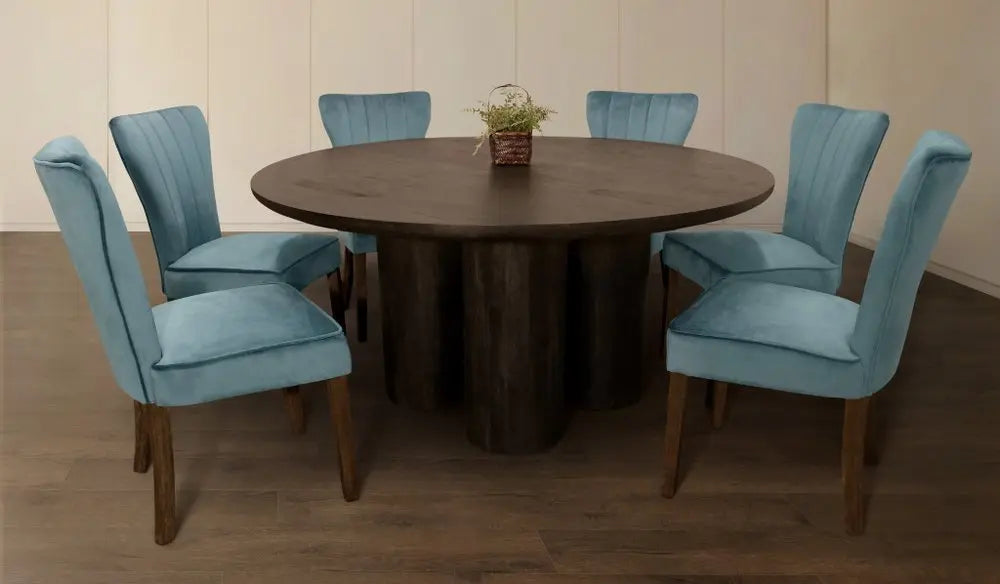 Seven Piece Dark Brown Round Solid Wood Dining Set with Six Chairs - NOVA HOME FURNITURE