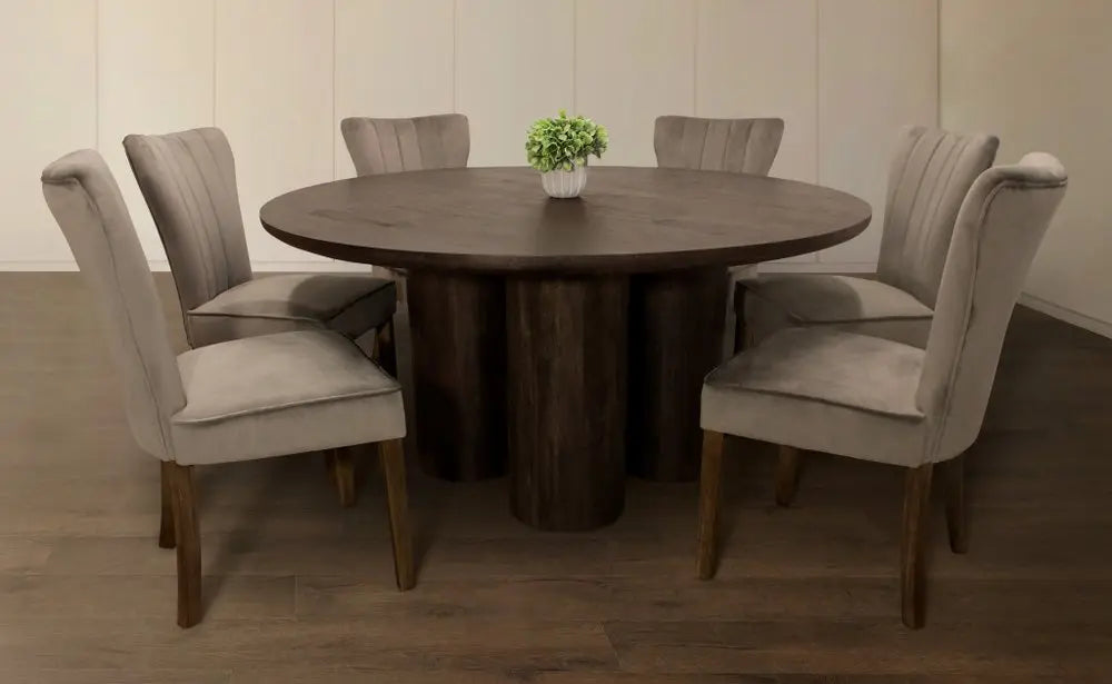 Seven Piece Dark Brown Round Solid Wood Dining Set with Six Chairs - NOVA HOME FURNITURE