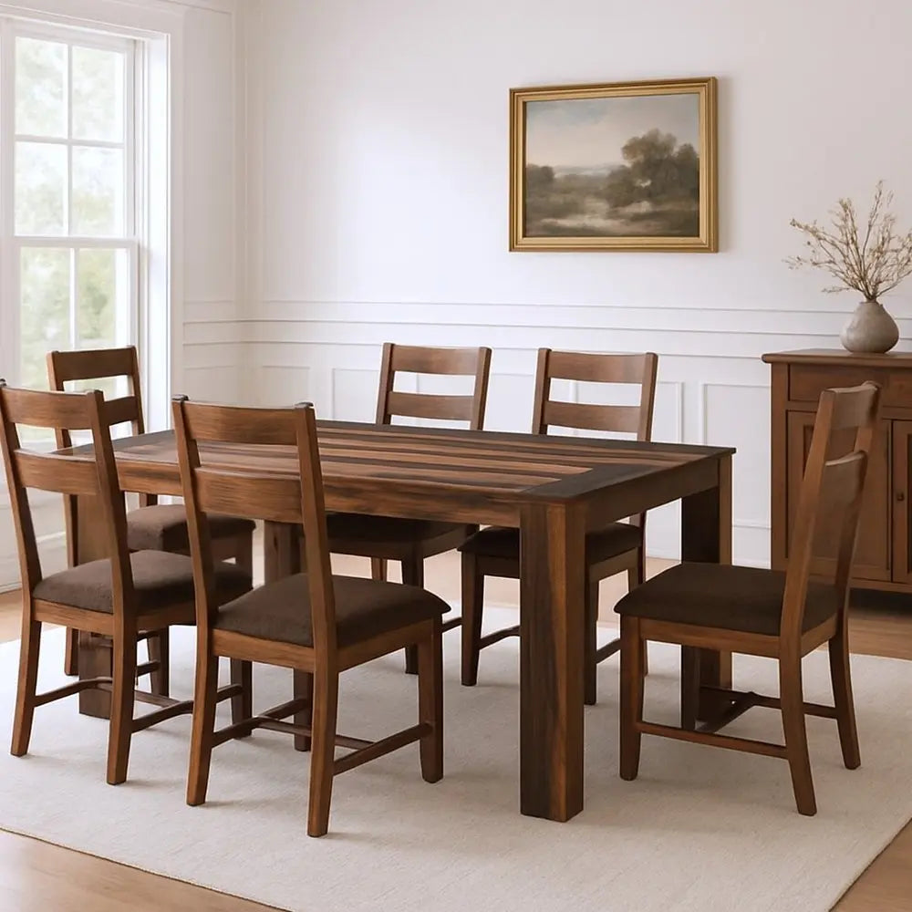 Seven Piece Dark Brown Solid Wood Dining Set with Six Chairs - NOVA HOME FURNITURE