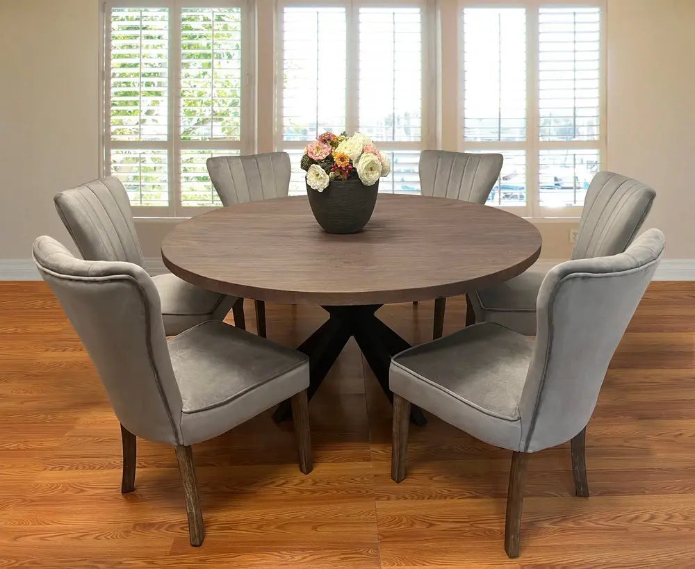 Seven Piece Gray and Black Round Solid Wood Dining Set with Six Chairs - NOVA HOME FURNITURE