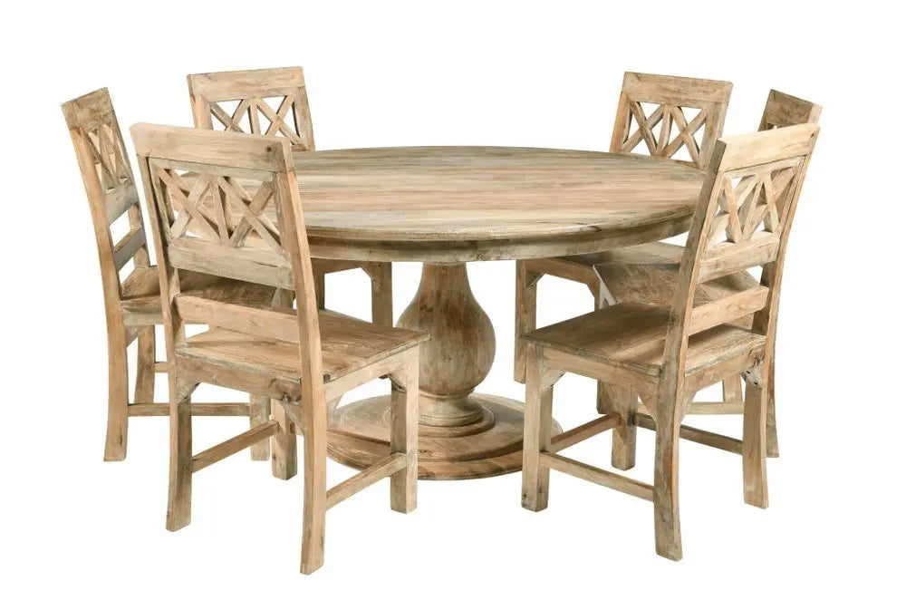 Seven Piece Natural Round Solid Wood Dining Set with Six Chairs - NOVA HOME FURNITURE