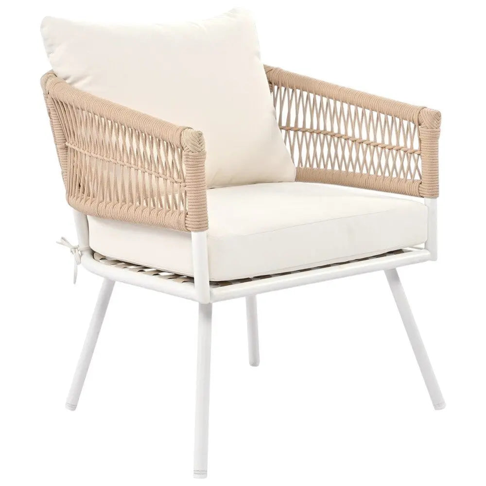 Six Piece White and Beige Metal Upholstered Cushions Sofa Seating Group With Table - NOBLE HOME INTERIORS