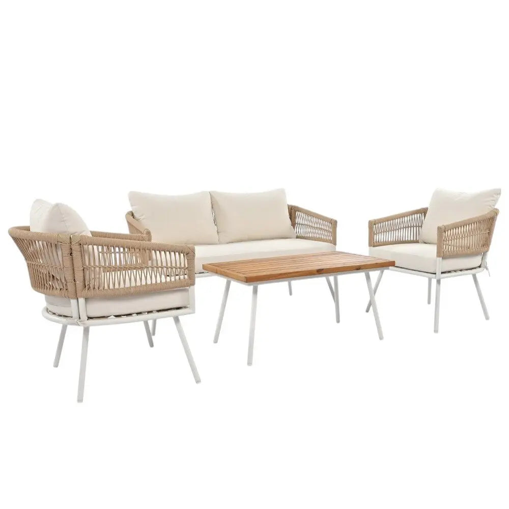 Six Piece White and Beige Metal Upholstered Cushions Sofa Seating Group With Table - NOBLE HOME INTERIORS