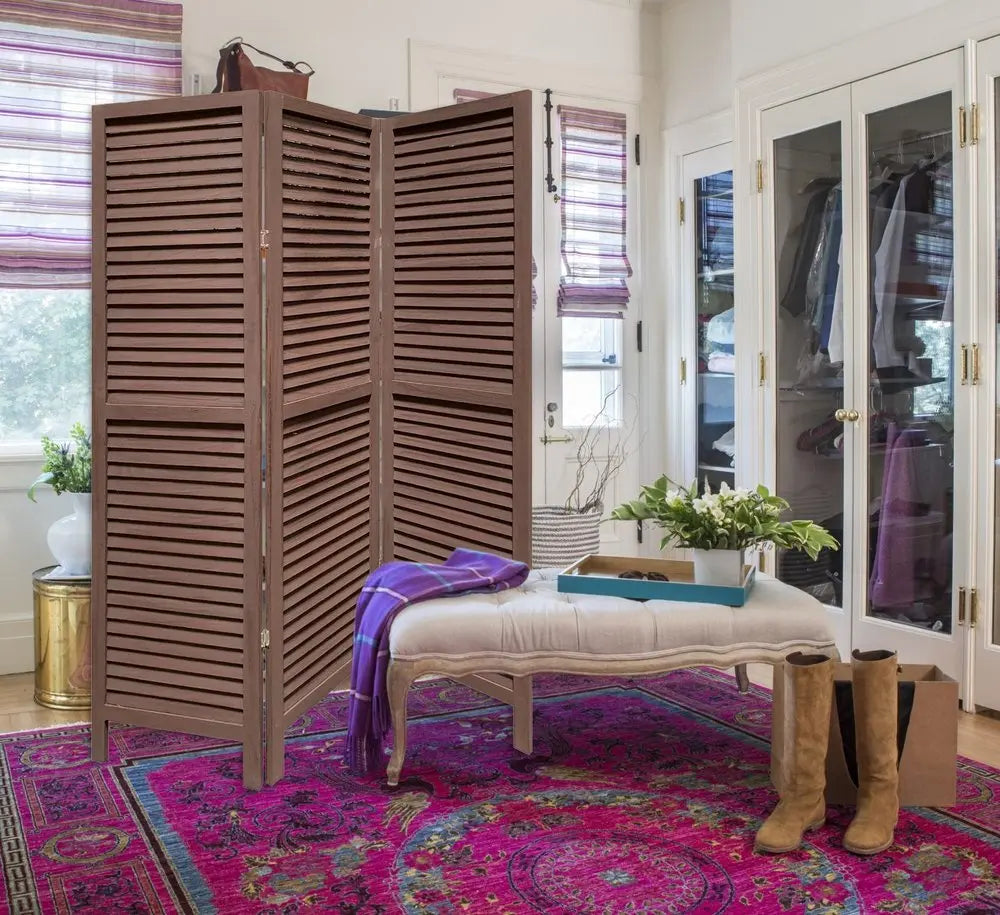 Stylish Three Panel Washed Brown Shutter Divider Screen - NOBLE HOME INTERIORS