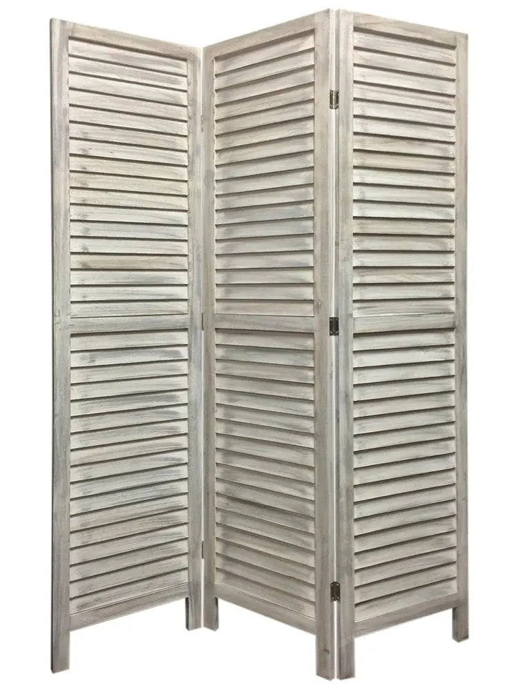 Stylish Three Panel Washed White Shutter Divider Screen - NOBLE HOME INTERIORS