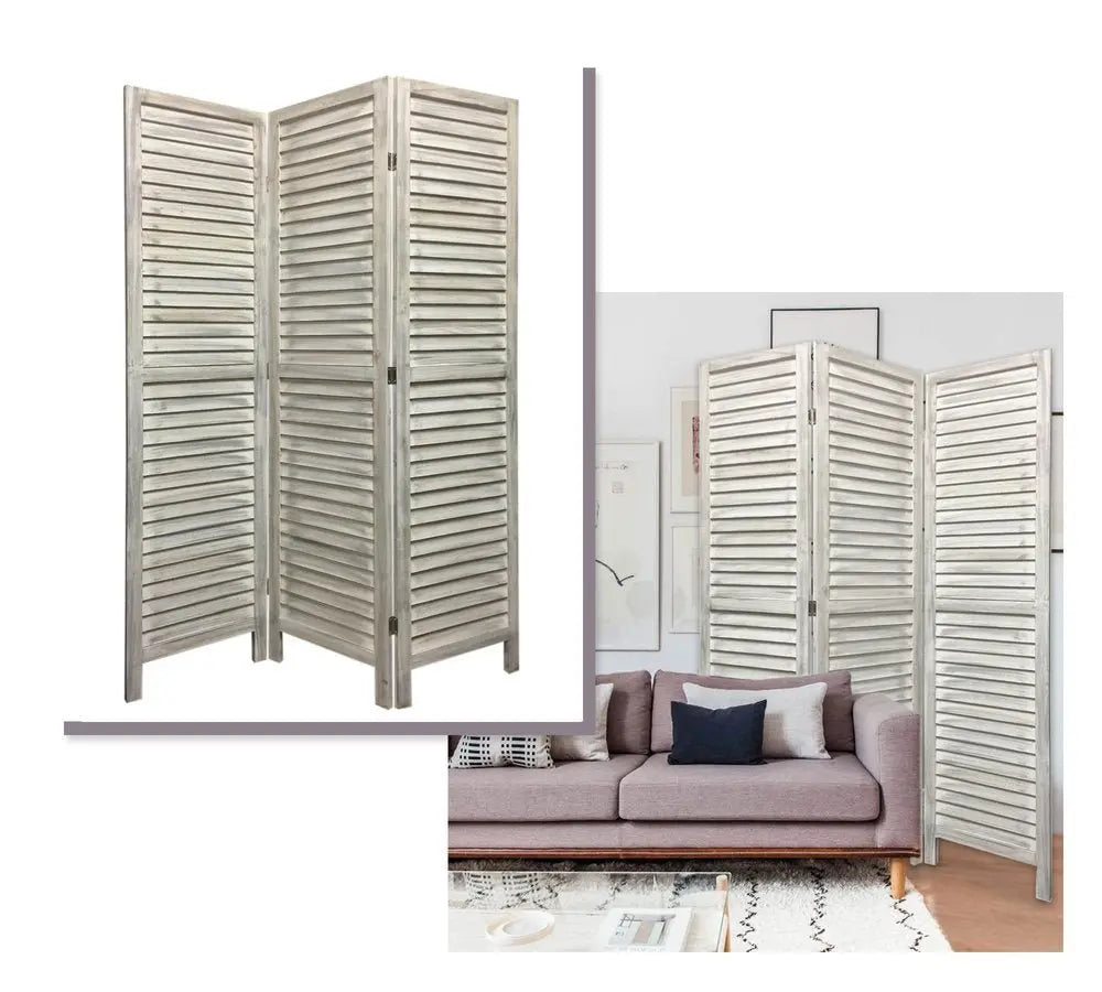Stylish Three Panel Washed White Shutter Divider Screen - NOBLE HOME INTERIORS