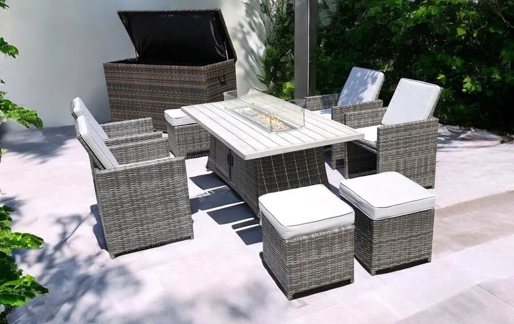 Ten Piece Outdoor Gray Wicker Multiple Chairs Seating Group Fire Pit Included with White Cushions - NOBLE HOME INTERIORS