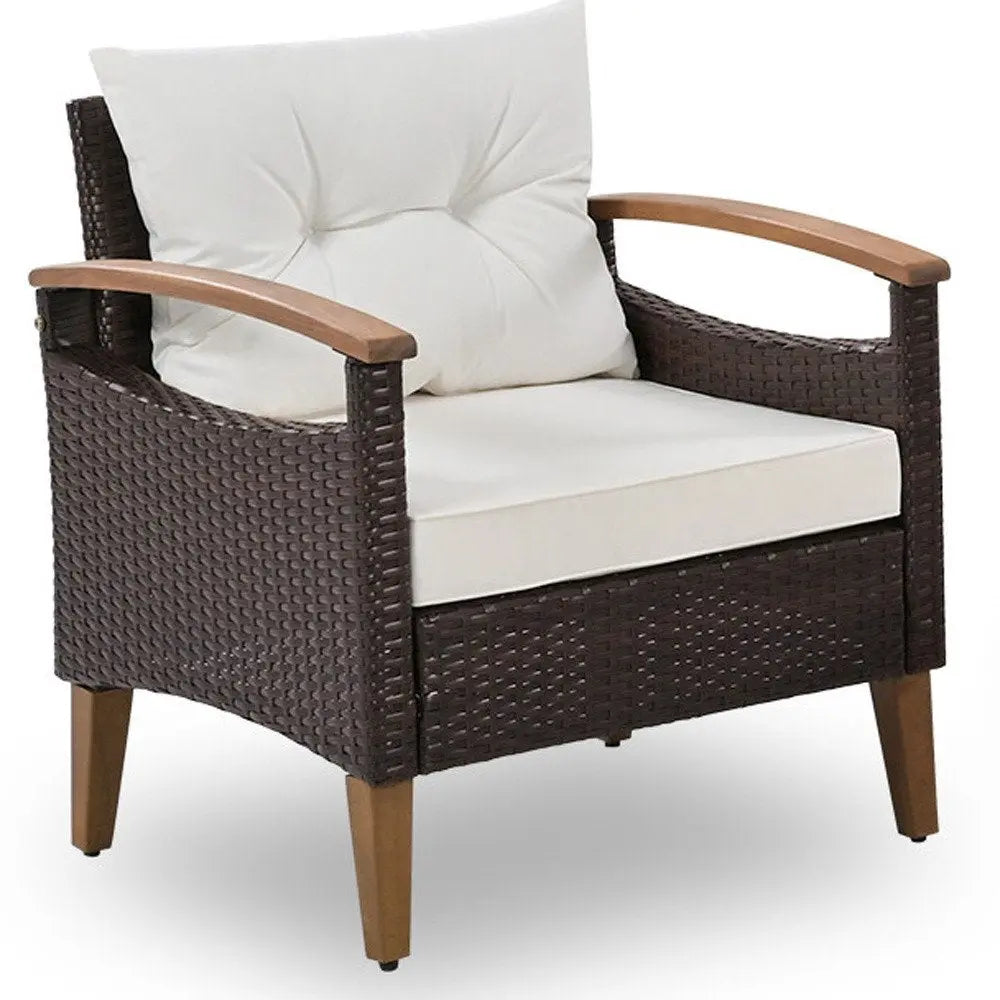 Three Piece Outdoor Beige Rattan Sofa Seating Group with Beige Cushions - NOBLE HOME INTERIORS