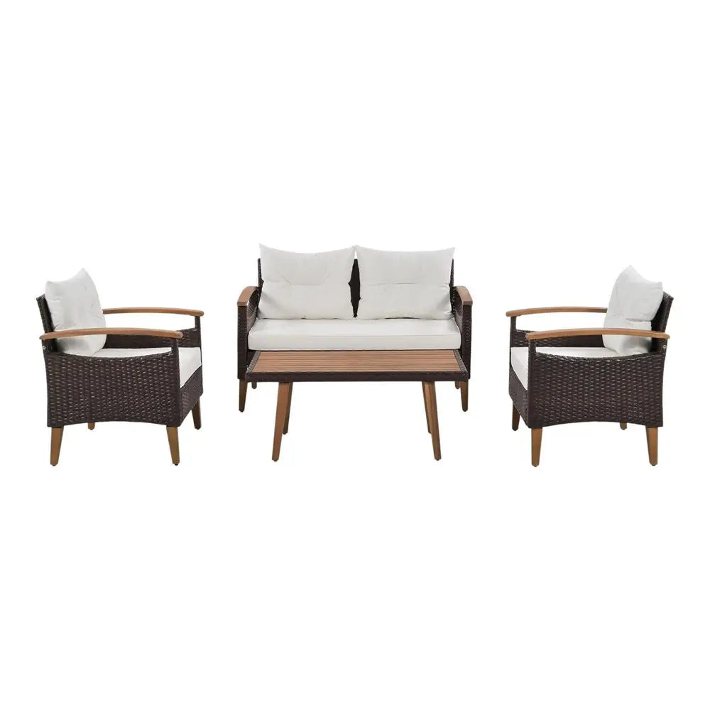Three Piece Outdoor Beige Rattan Sofa Seating Group with Beige Cushions - NOBLE HOME INTERIORS