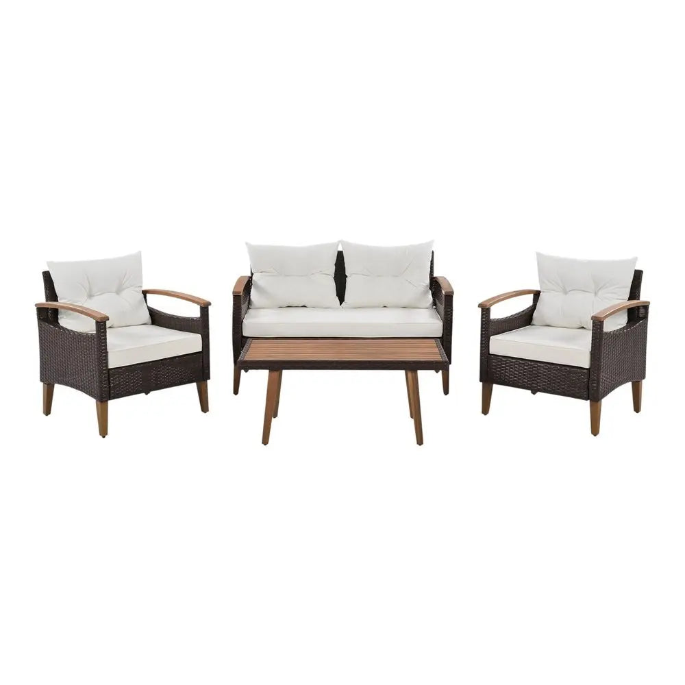 Three Piece Outdoor Beige Rattan Sofa Seating Group with Beige Cushions - NOBLE HOME INTERIORS