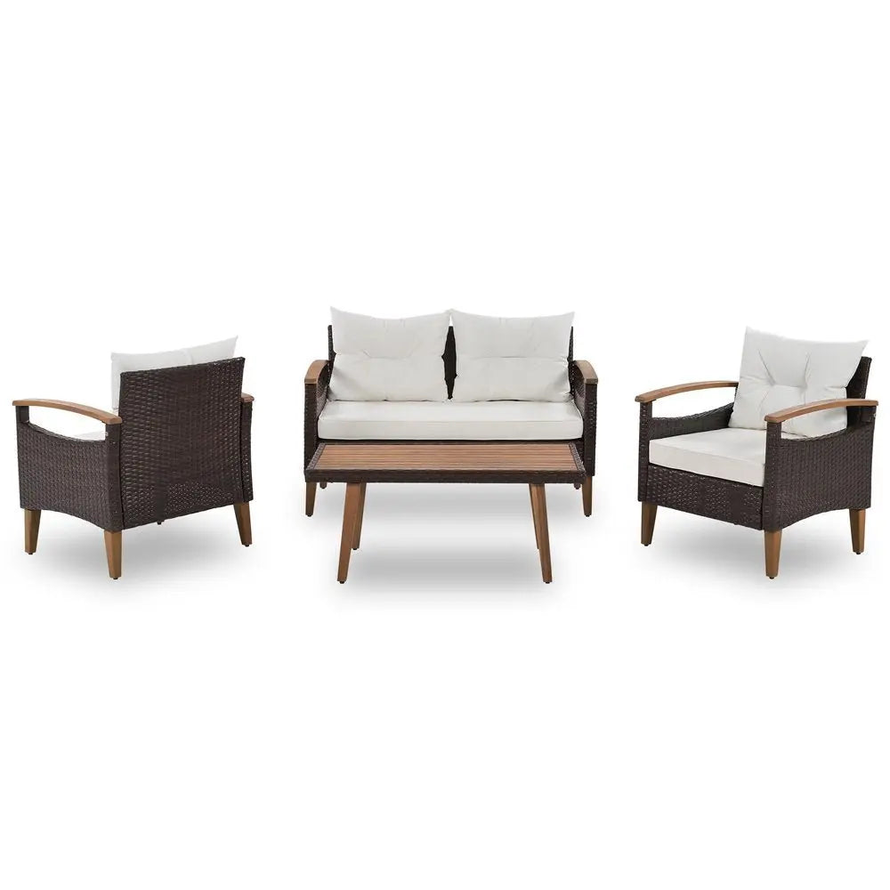 Three Piece Outdoor Beige Rattan Sofa Seating Group with Beige Cushions - NOBLE HOME INTERIORS