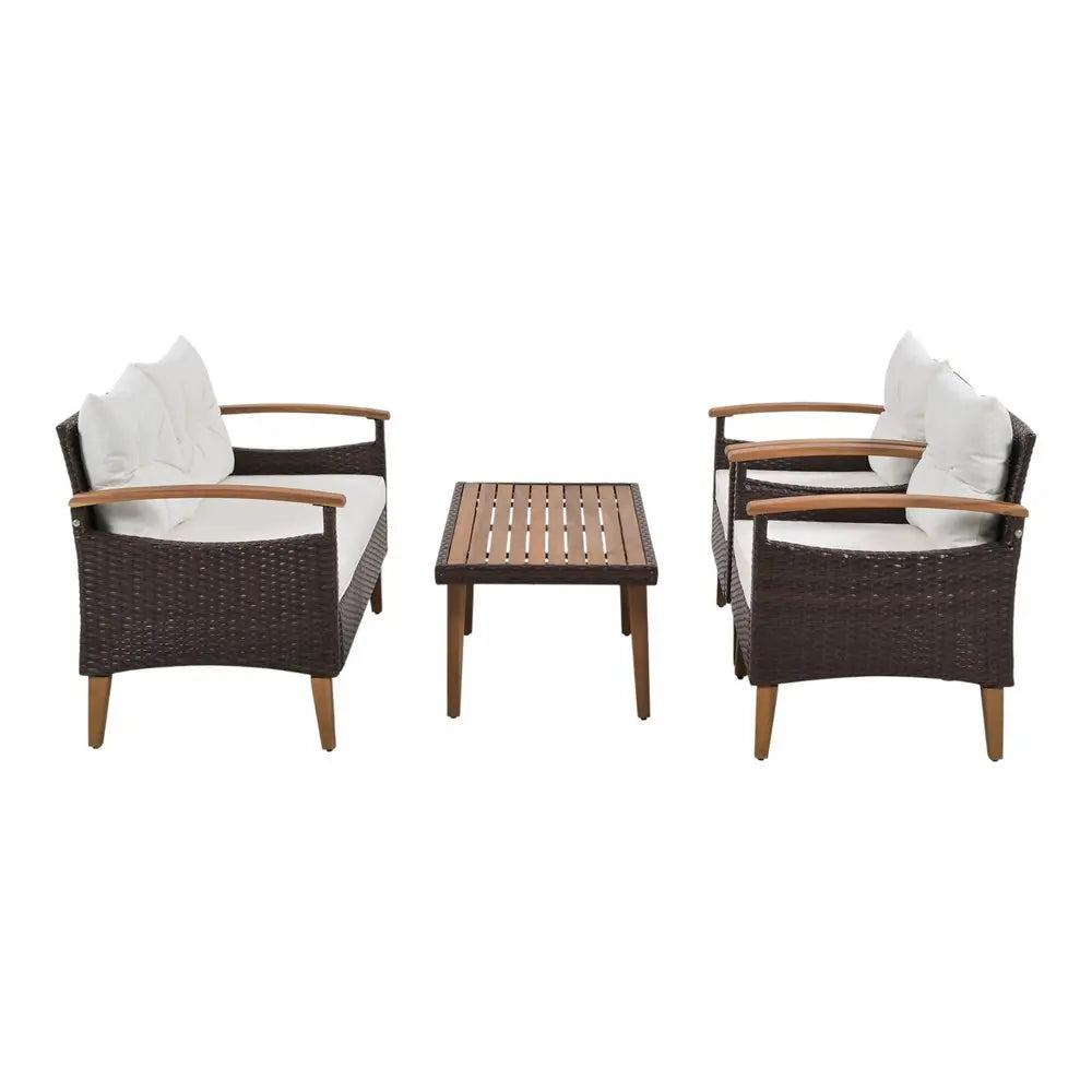 Three Piece Outdoor Beige Rattan Sofa Seating Group with Beige Cushions - NOBLE HOME INTERIORS